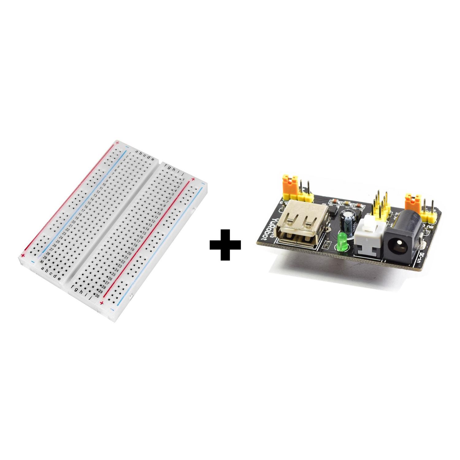 Paquete Protoboard 400 puntos Blanco MB102 + Fuente para Protoboard 3.3V o 5V (USB-A) MB102